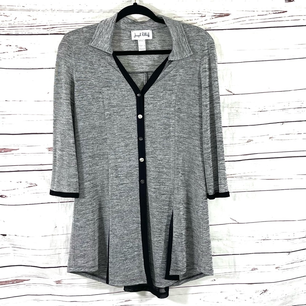 Joseph Ribkoff  Top Womens Size 10 Gray Button Down 3/4 Sleeves Ruffle Slinky.